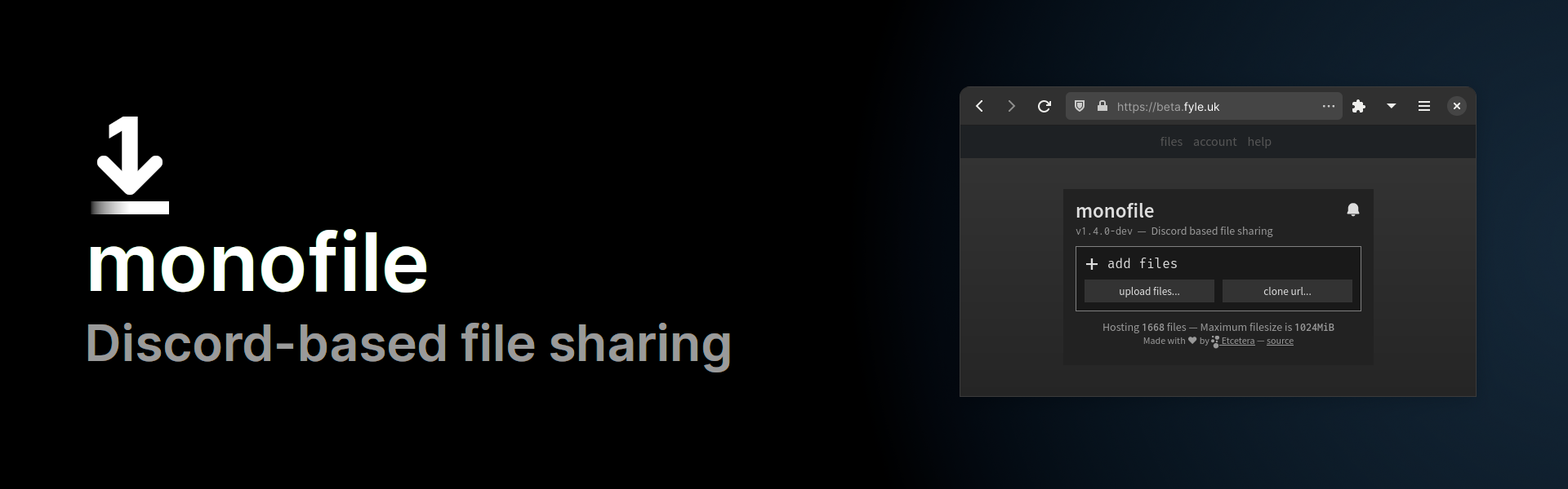 monofile: Discord-based file sharing. Blue gradient with an image of monofile 1.4.0-dev on the side.